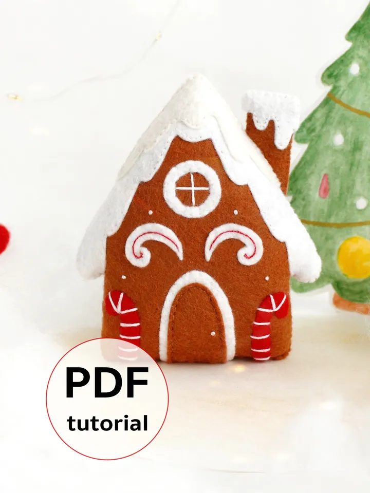 Felt gingerbread house hand sewing PDF tutorial with patterns. Christmas tree ornament. Soft toy pattern