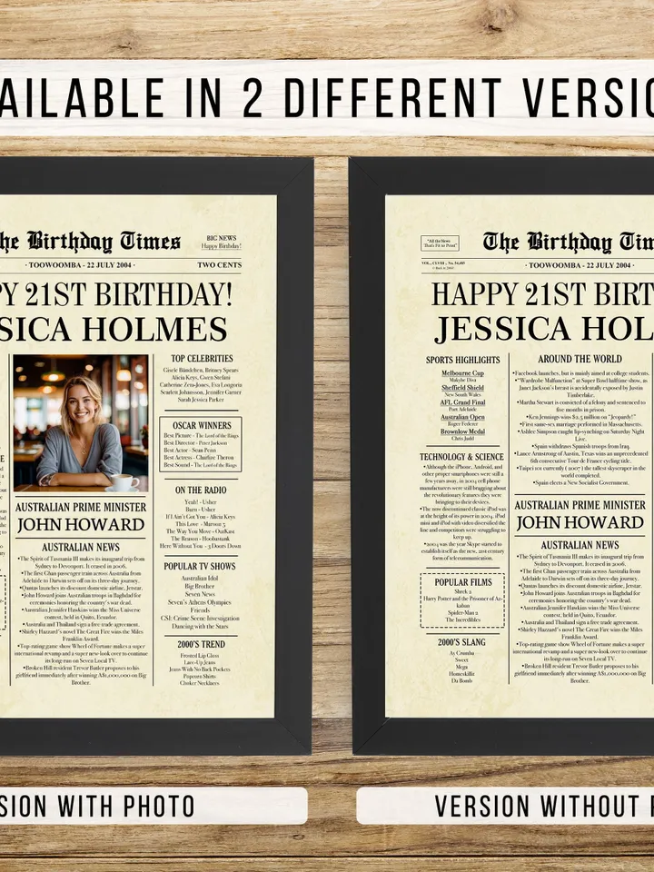 21st Birthday NEWSPAPER Poster Sign with Australian facts, Back In 2004, 21st birthday party sign, Birthday Gift Ideas for him or her