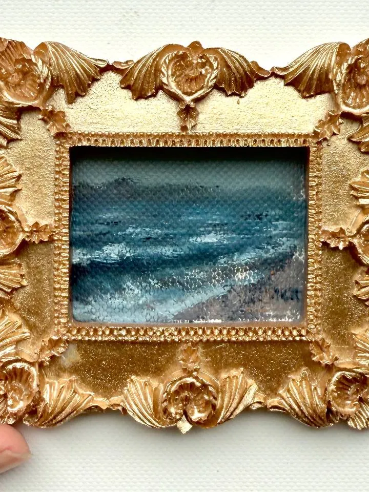 Small Landscape Oil Painting Framed Original Foggy Coast Painting Antique Ocean Art Gold Frame Tiny Paintings 3 x 4 Wave Art