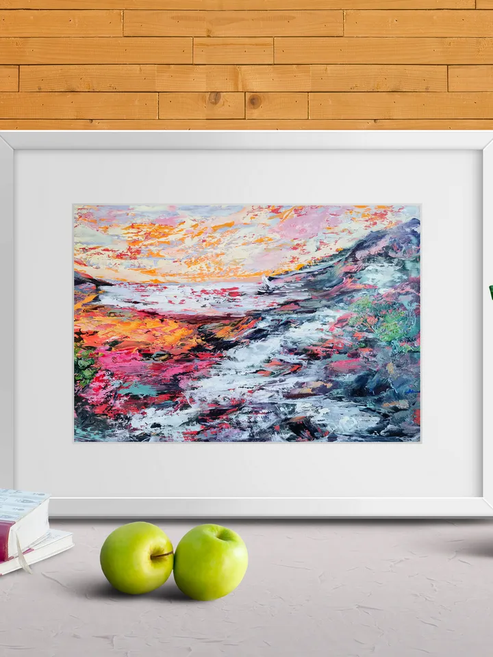 Boat Mountain Trees Flowers Sunset Original Art Oil Painting Artist Svinar Oksana