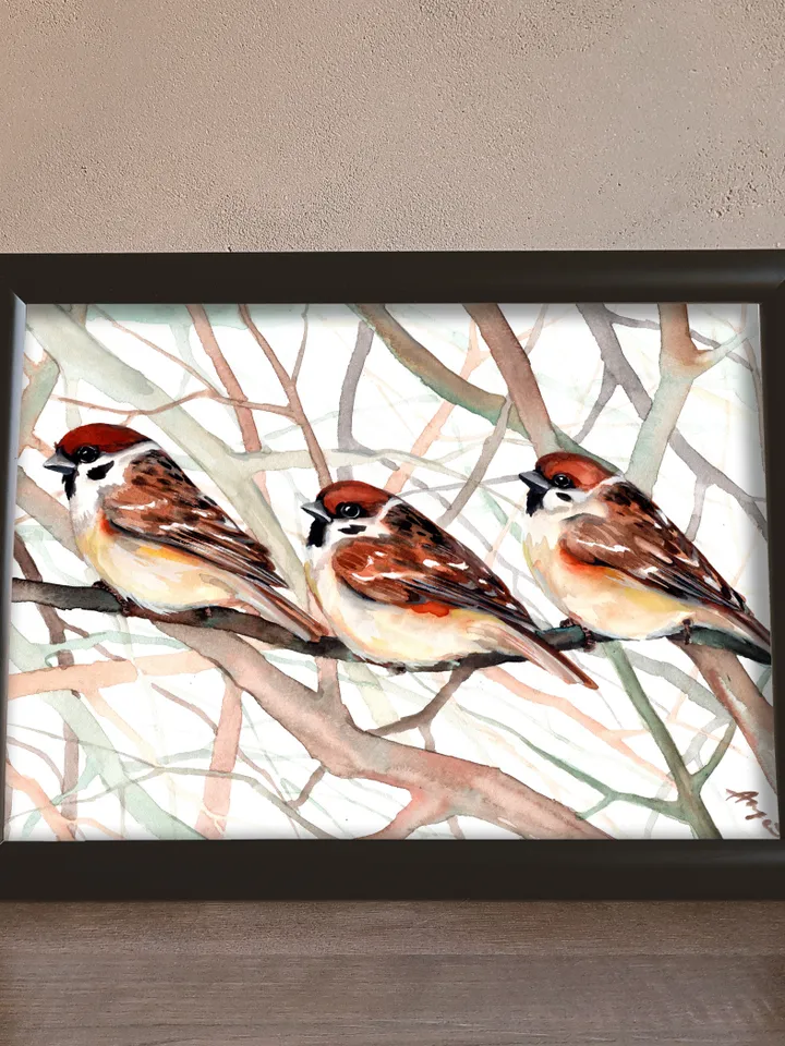 Original watercolor sparrows painting 8x11 in, sparrows on a branch by Anne Gorywine