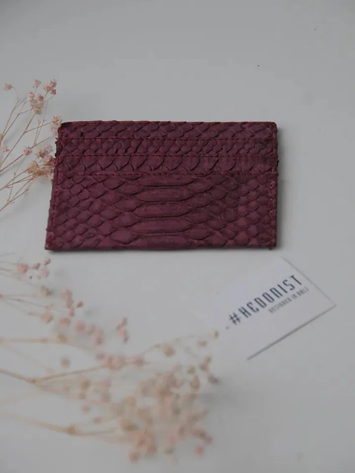 Genuine python skin creditcards holder/business cads holder wine color unisex wallet small, gift idea exotic python skin leather card holder