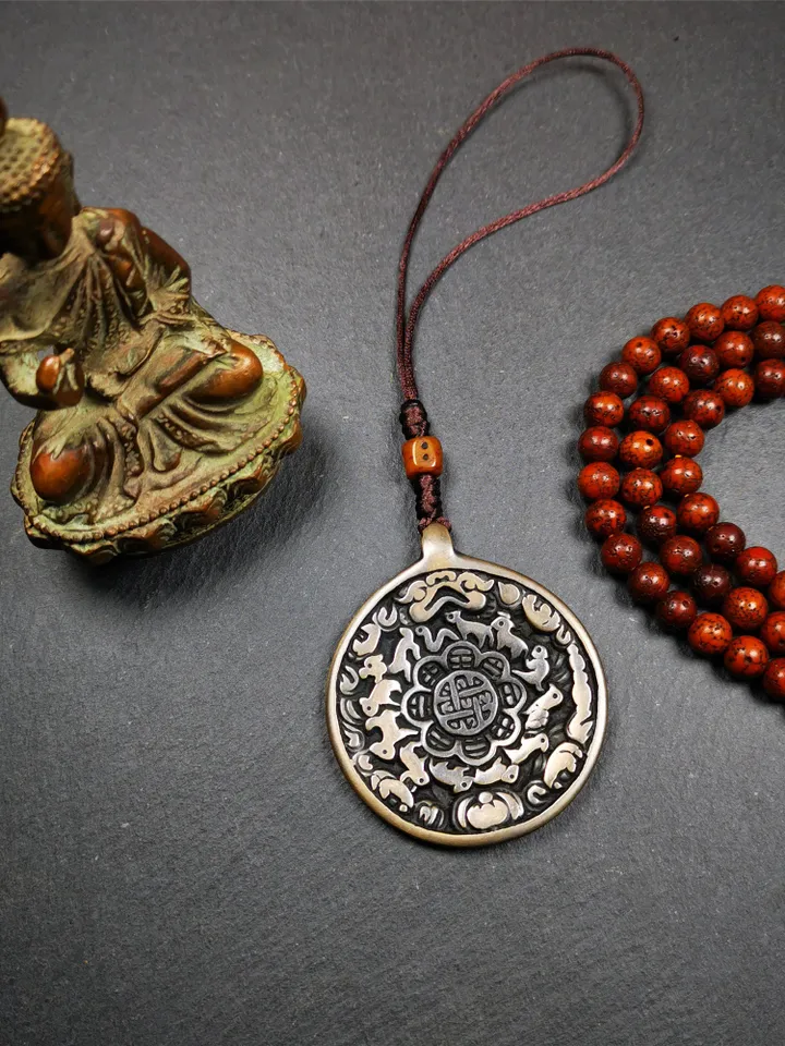 Gandhanra Antique SIPAHO(srid pa ho) Amulet, Tibetan Buddhist Astrology Calendar Badge,12 zodiac Melong Mirror, Jiugong Bagua,30 Years Old