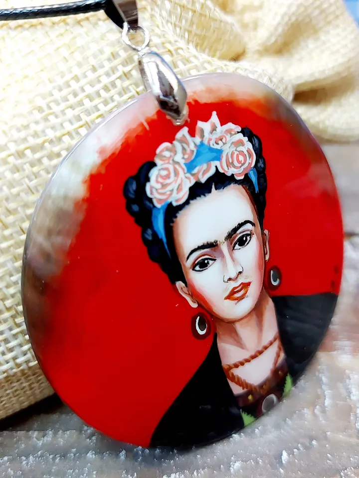 Russian jewelry: Red Self-portrait by Frida Kahlo on statement pendant. Fedoskino art painting on mother of pearl necklace. Gift for sister