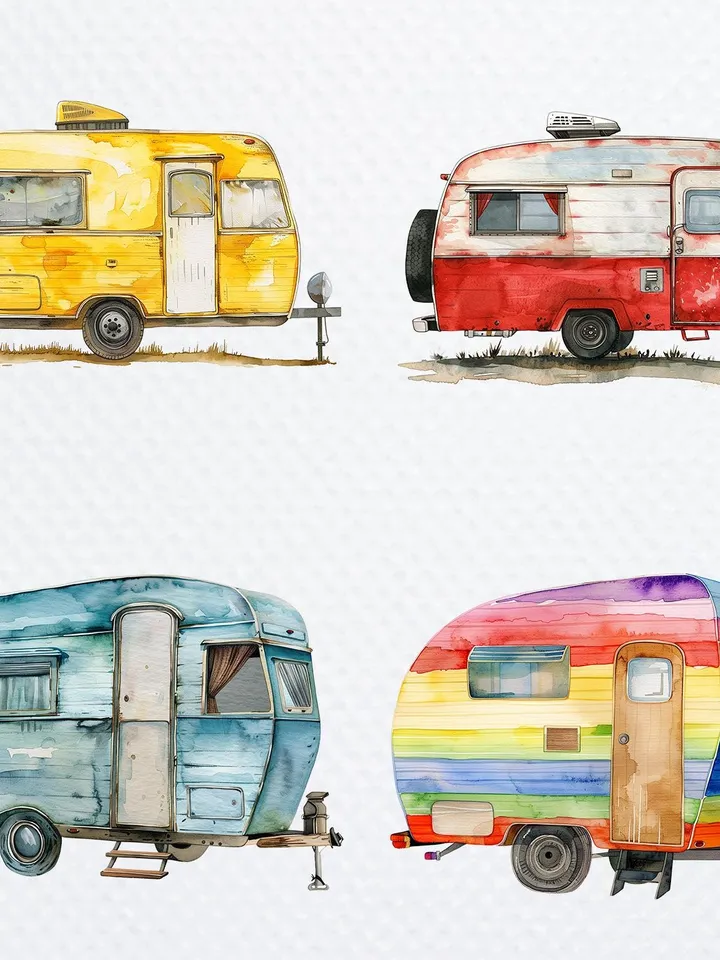 18 Cartoon Trailer PNG Bundle, Camping Trailer Printable Watercolor clipart for sublimation, High Quality PNGs, digital crafting, journaling