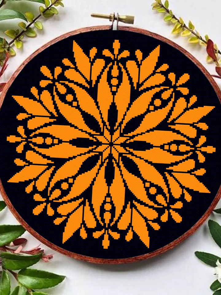 Flower mandala cross stitch pattern download PDF Easy mandala digital PDF Monochrome cross stitch chart Floral ornament embroidery PDF #M102