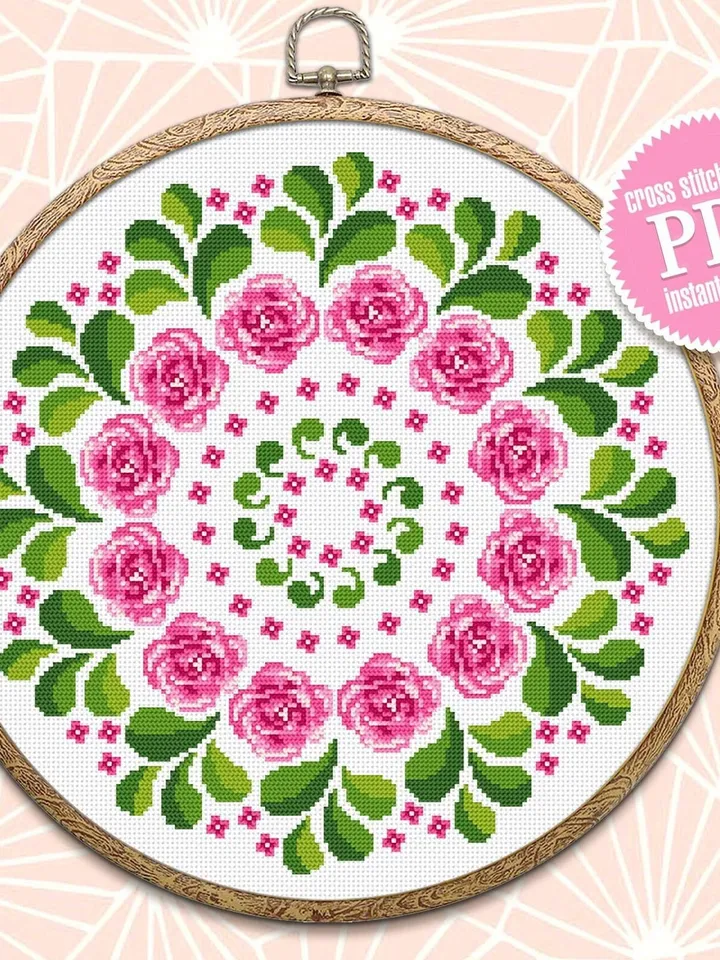 Flower mandala cross stitch pattern download PDF Easy mandala pattern digital PDF Rose cross stitch Floral ornament cross stitch chart #M1