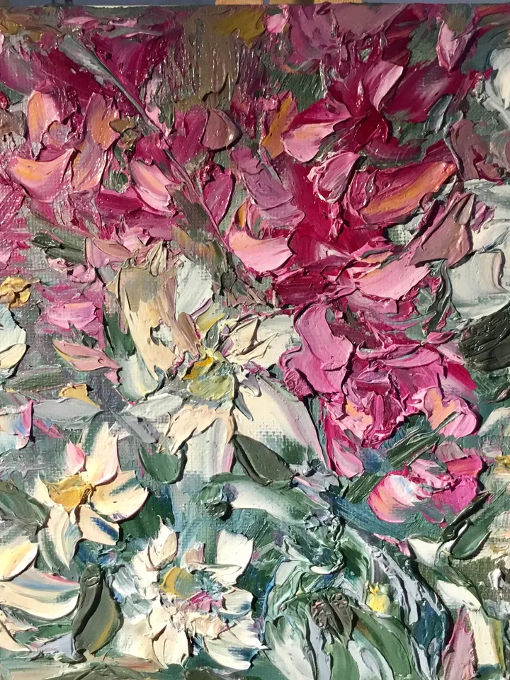 Pink and white flowers fantasy painting ,original oil impasto painting on small canvas board ,wall decoration,small gift.