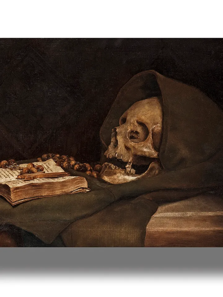 Scary monk skull portrait. Vanitas still life.