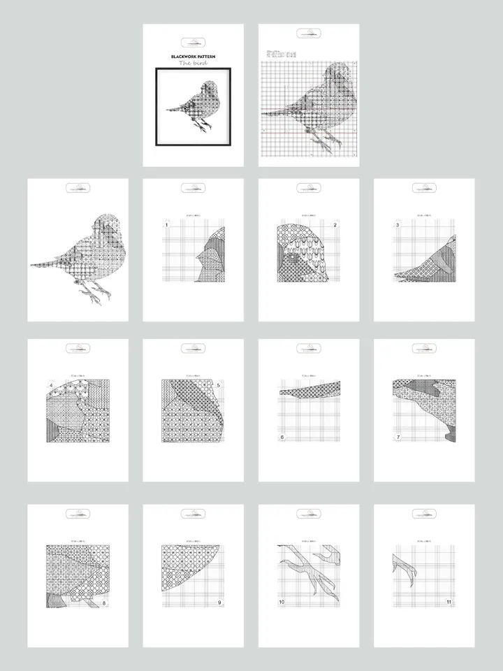 BLACKWORK pattern - BIRD - Cross Stitch Pattern - Embroidery Sampler - Carpet Cross Stitch - Instant Download PDF