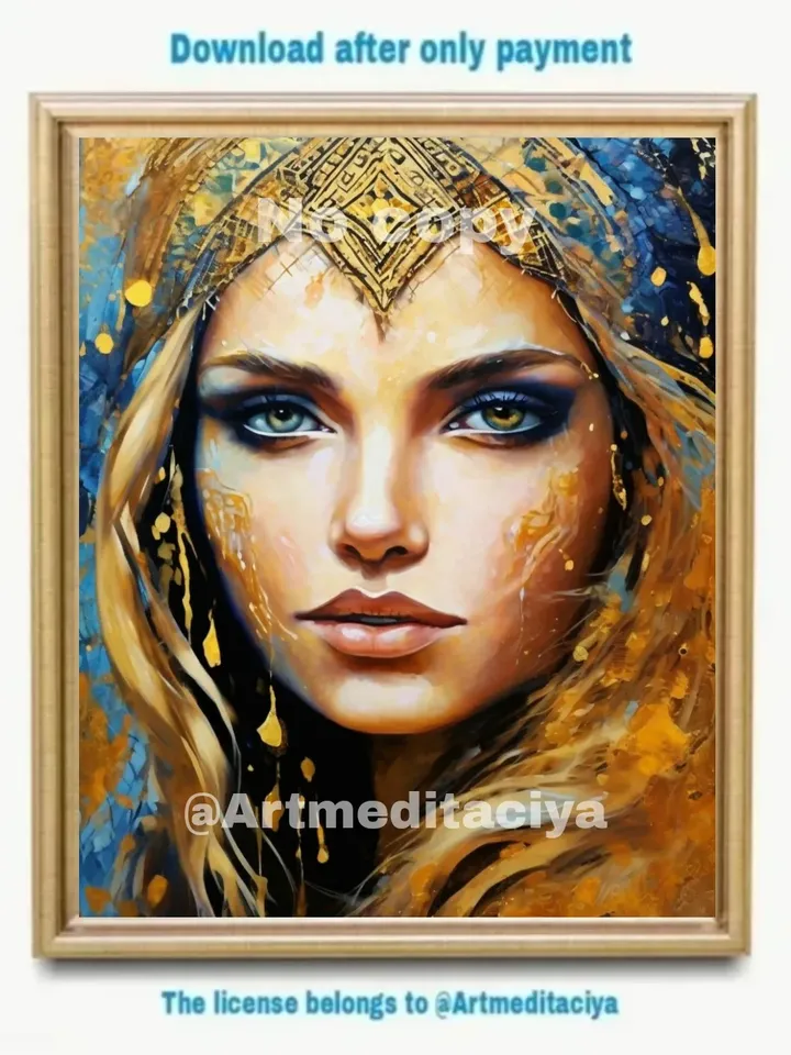 Modern digital painting "A girl of European appearance with blue-green eyes in a golden ethnic headband" on an abstract blue-blue background with golden drops, made in the style of oil painting