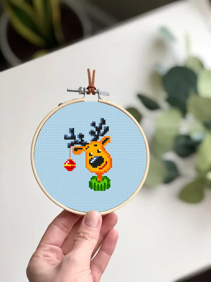 Tiny Christmas cross stitch pattern download PDF, Funny christmas reindeer cross stitch chart, Christmas deer embroidery PDF Home decor #N10