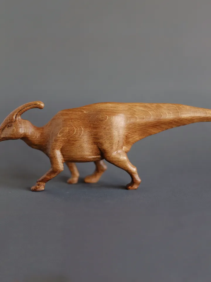 Wooden hand carved dinosaur parasaurolophus