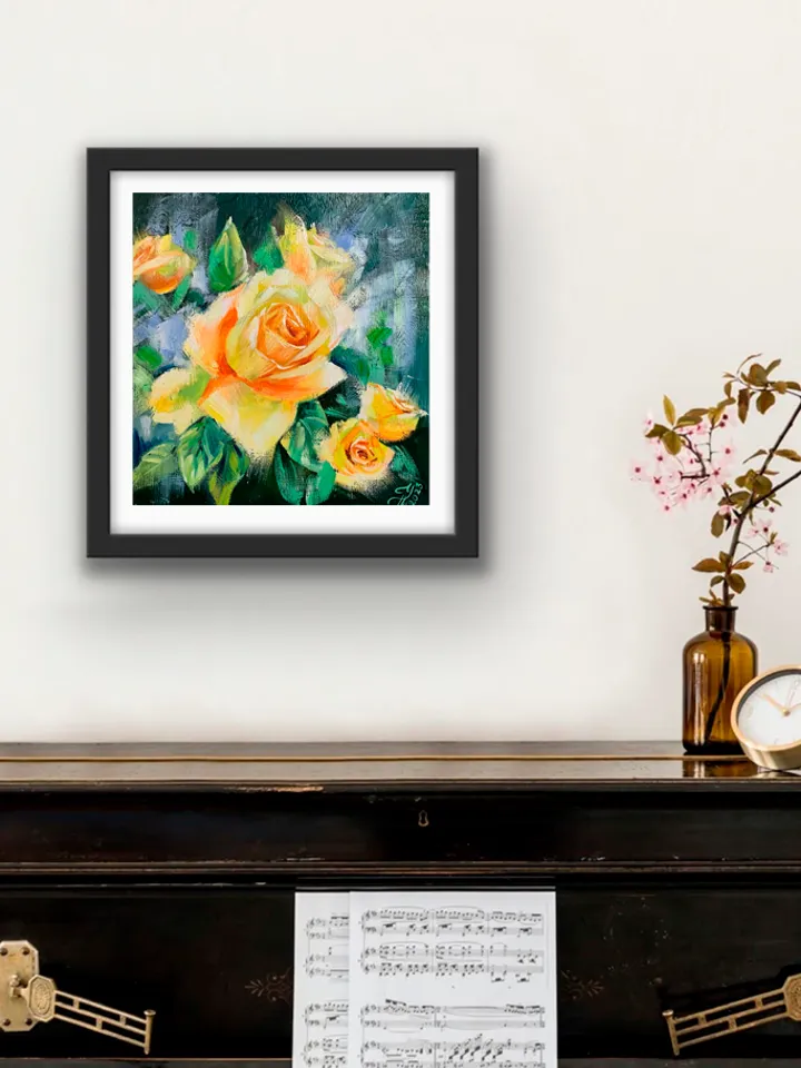 Oil Painting with Yellow Roses, Miniature Wall Art, Anniversary Gift