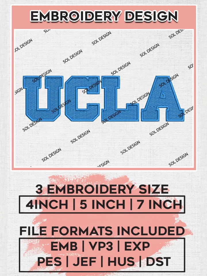 NCAA UCLA Bruins Team Letter Logo Embroidery Design Files, NCAA UCLA Bruins Machine Embroidery, NCAA Teams, 3 sizes, NCAA Machine embroidery designs, Digital Download