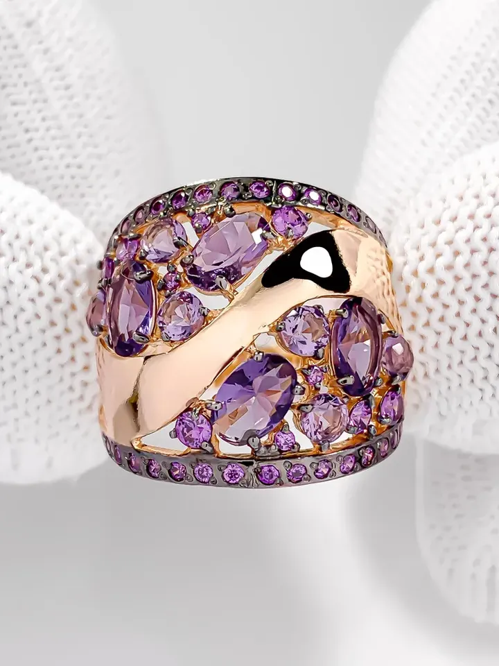 Ring Silver gold plated 925 assay value with amethyst