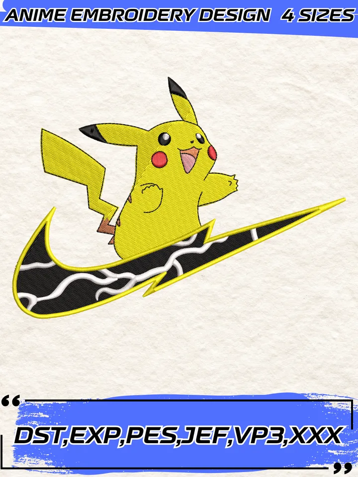 Swoosh Pikachu Embroidery Design,Pokemon Embroidery Design ,Machine Embroidery Design File,4 Sizes, Instant Download