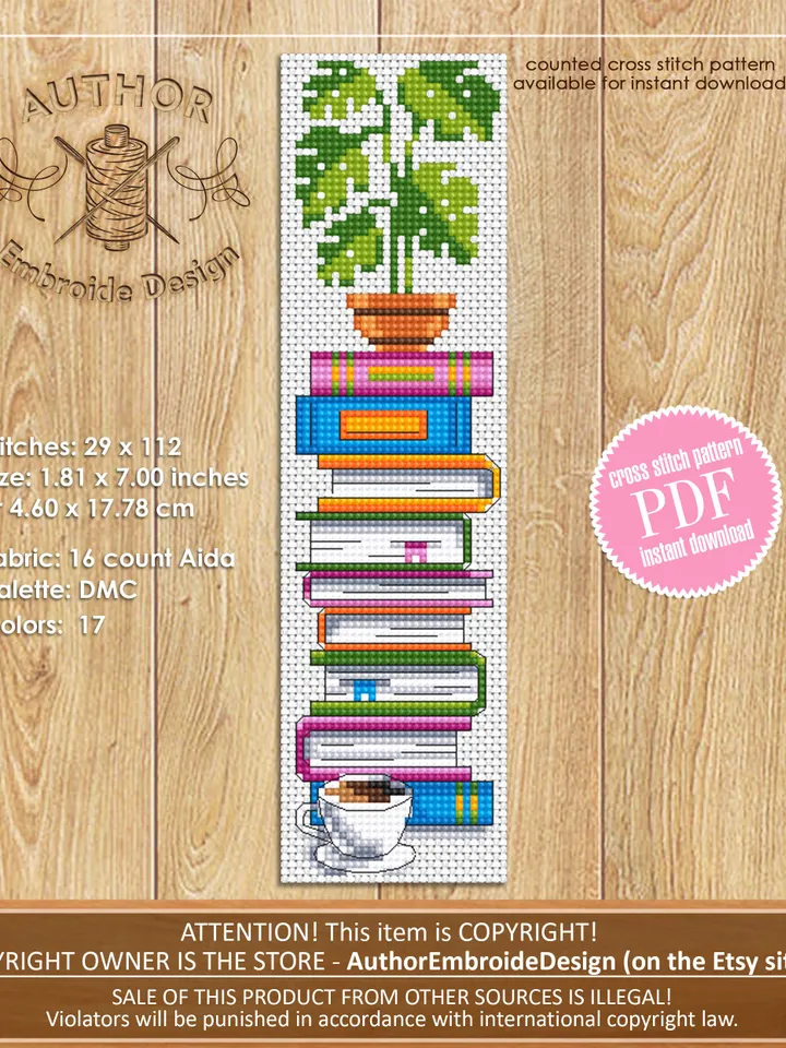 Monstera bookmark cross stitch pattern PDF download Monstera plant cross stitch chart, Bookmark pattern digital PDF, Book lover gift #B336