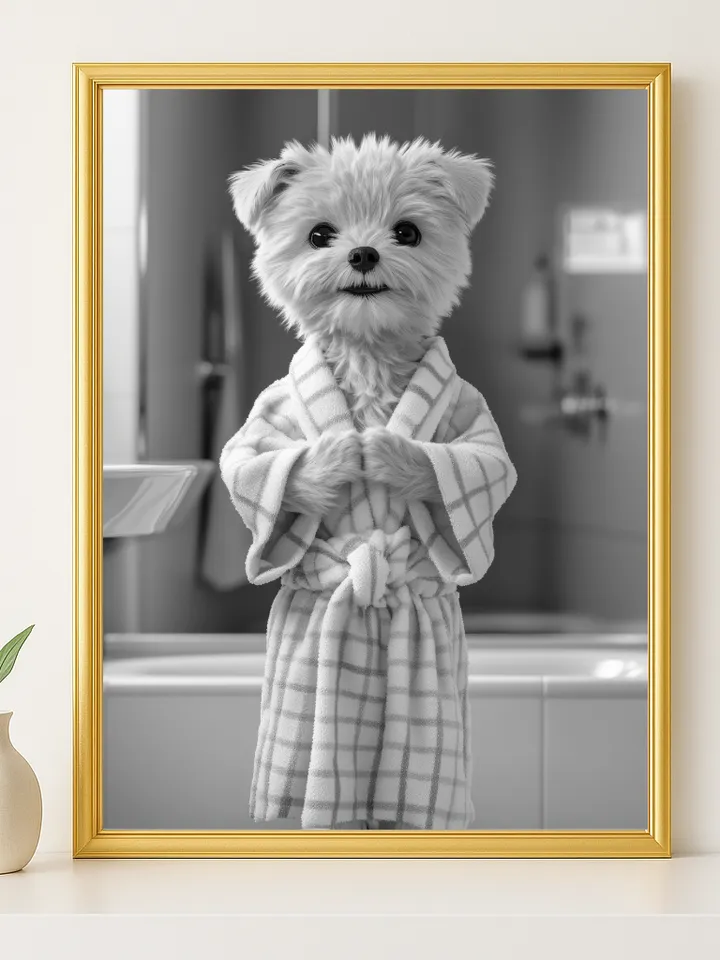 Adorable Puppy Bathroom Wall Art, Cute Fluffy Dog in Checkered Robe Print, Funny Pet Spa Decor Digital Download