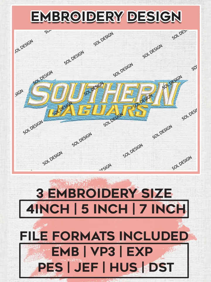 NCAA Southern Jaguars Team Word Logo Embroidery Design Files, NCAA Southern Jaguars Machine Embroidery, NCAA Teams, 3 sizes, NCAA Machine embroidery designs, Digital Download