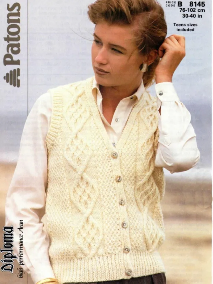 Waistcoat vest aran knitting pattern women ladies summer sleeveless cardigan knitting pattern