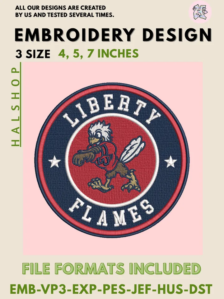Liberty Flames NCAA Mascot Logo Embroidery Design – College Team Pattern, Machine Embroidery Files, 3 Sizes Digital Instant Download
