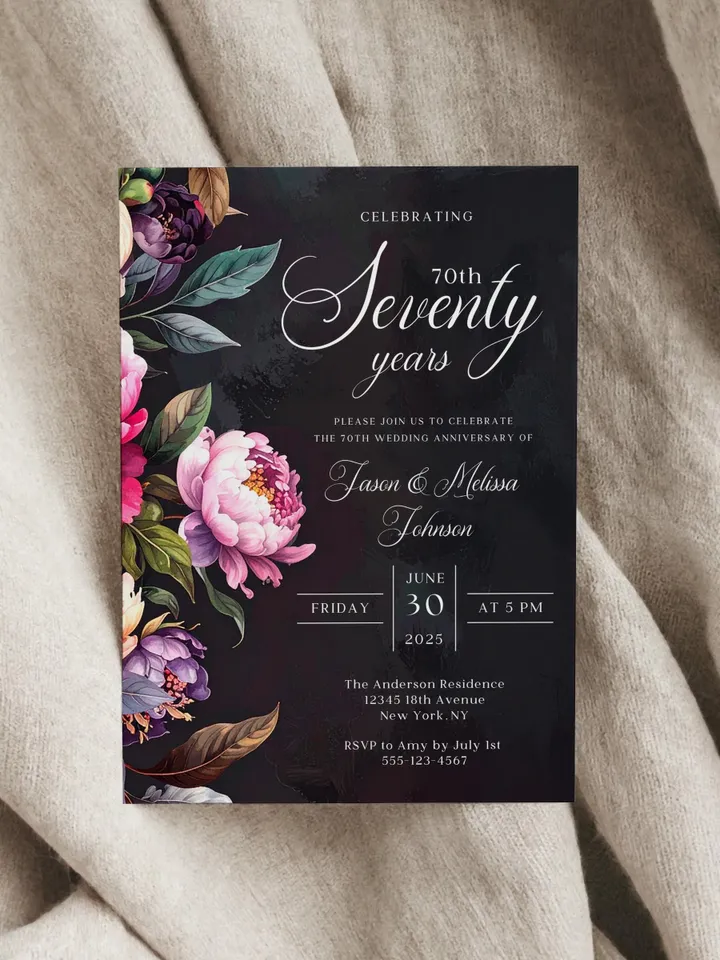 70th Anniversary Party Invitation, 60th, 50th, 40th, 30th, Moody Burgundy & Blush Peony Floral Canva Template 5x7 birthday evite