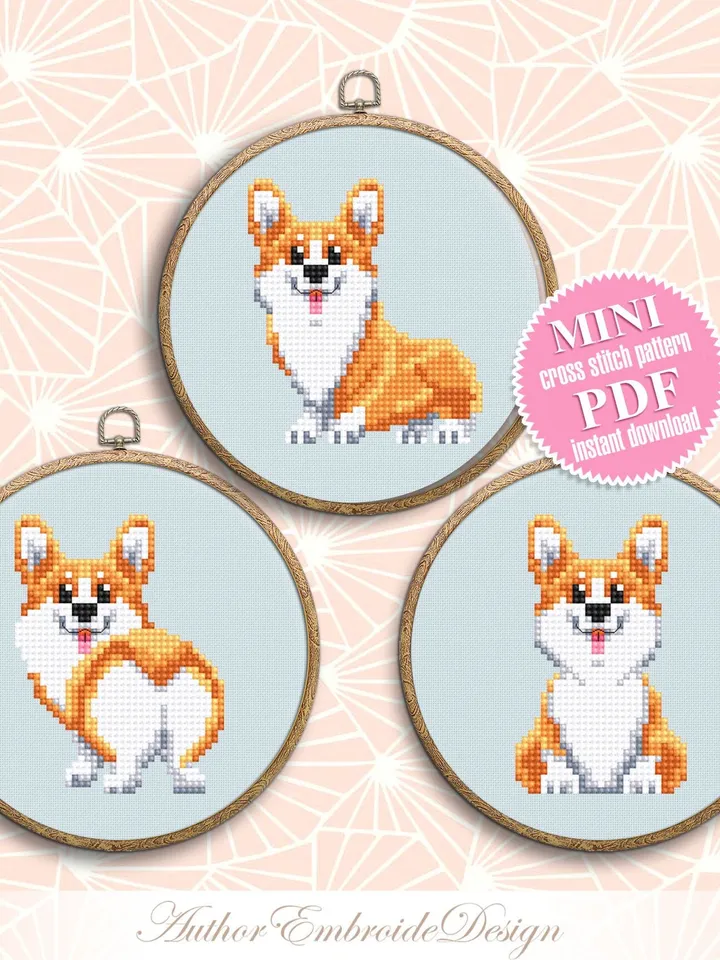 Funny Corgi cross stitch pattern PDF download Set of 3 mini dog cross stitch chart, Corgi ornament pattern digital PDF, Cute Corgi butt #D16