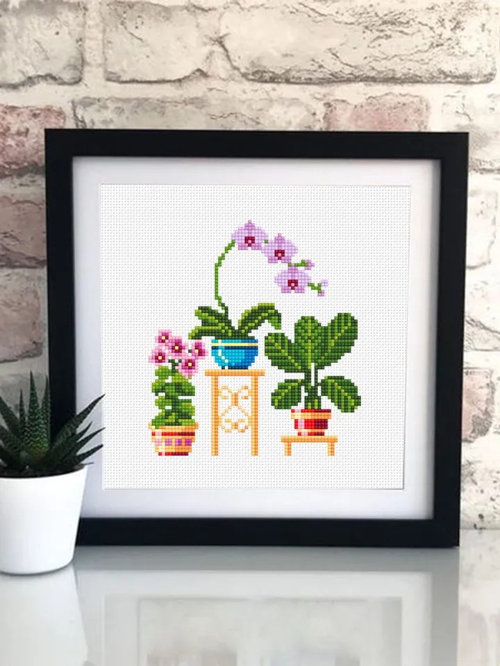 Potted house plants cross stitch pattern PDF download Floral cross stitch chart, Small cross stitch sampler, Orchid, Plant lover gift #P5