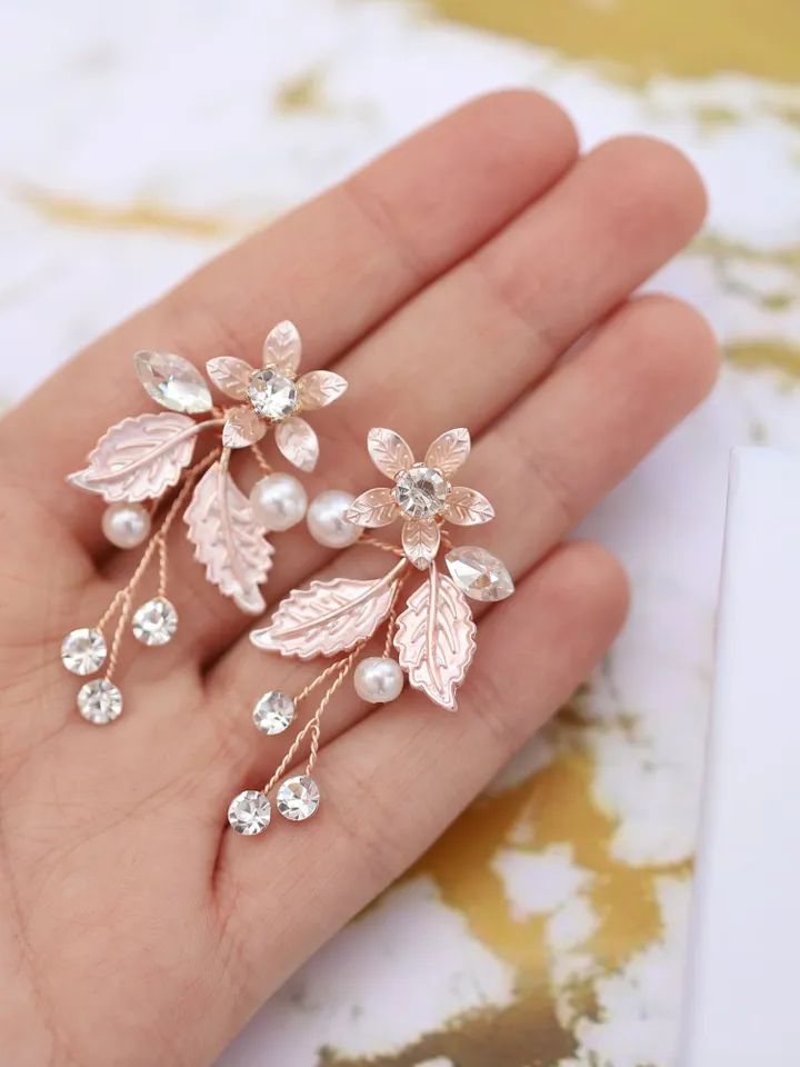 Boho Wedding Earrings, Rose Gold Chandelier Statement Floral Wedding Earrings, Flower Jewelry For Bride, Jewellery, Accessories, Jewelry Set
