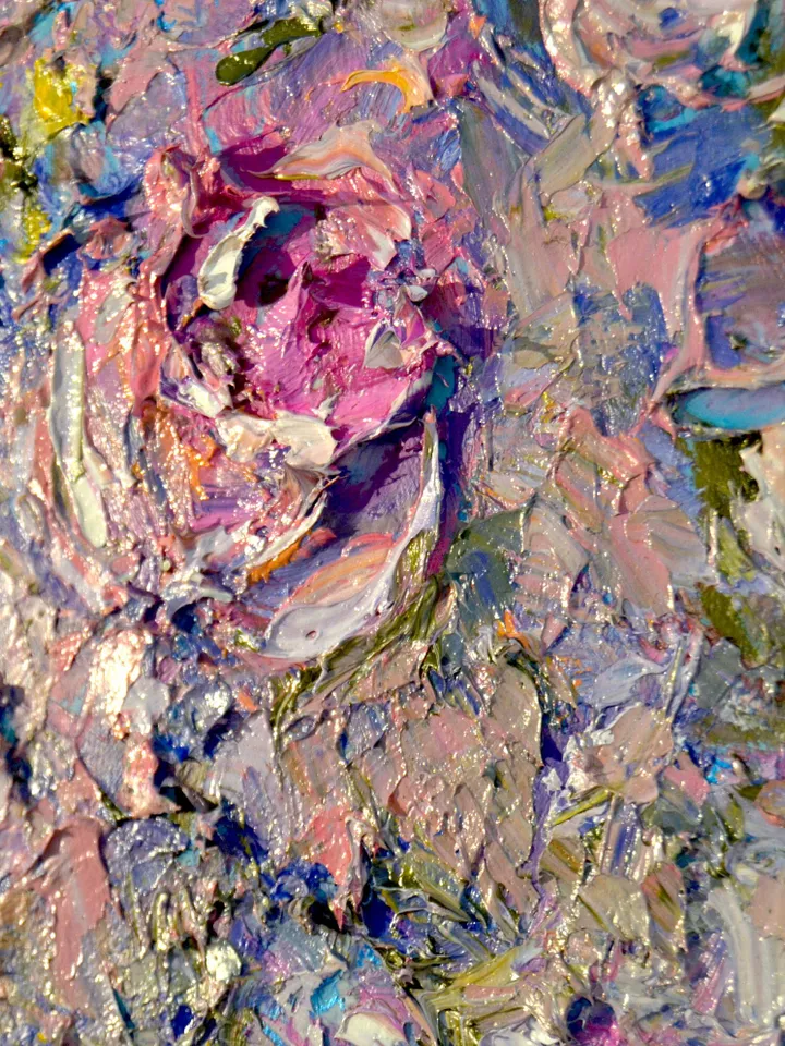 Abstract roses painting on round canvas, roses painting on canvas, impasto style impressionistic painting, unique handmade gift.