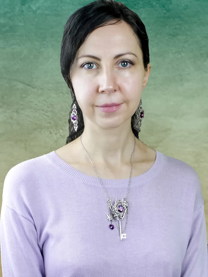 Handmade Fantasy Key Pendant with Purple Swarovski Crystals โ Unique Fairy Moon Necklace
