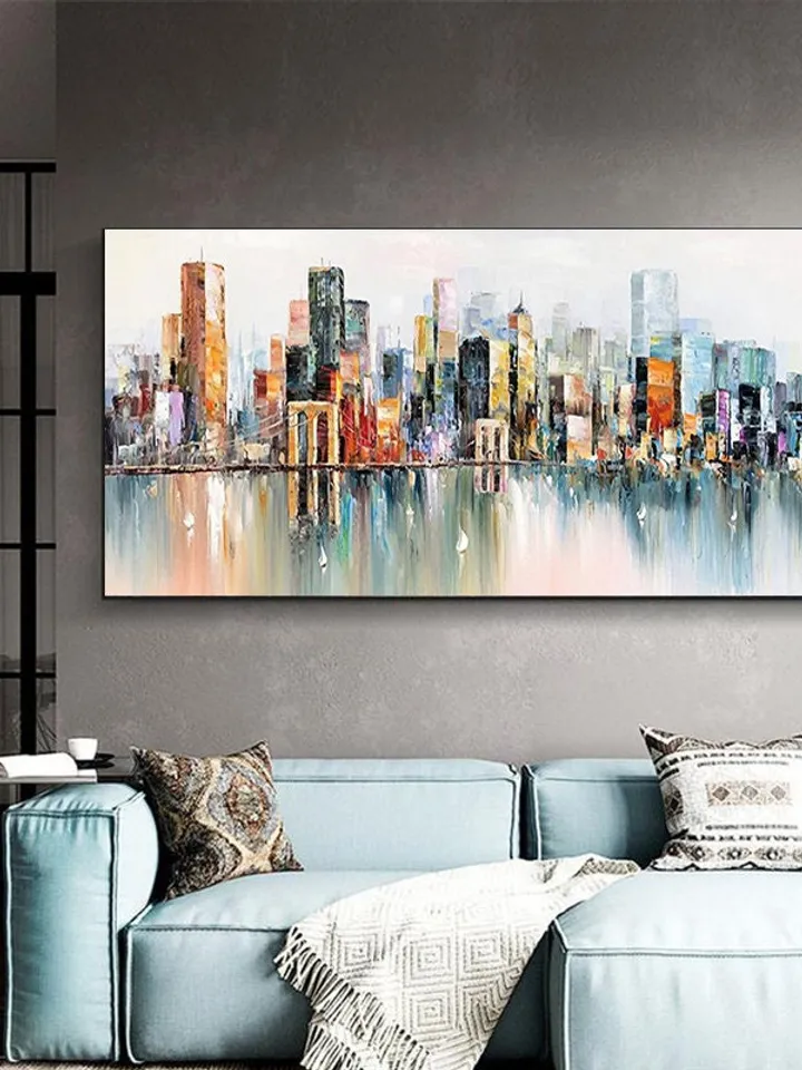 Abstract Cityscape Oil Painting, Large Original Colorful Urban City Landscape Oil Painting on Canvas, Modern Blue Living Room Wall Art Decor