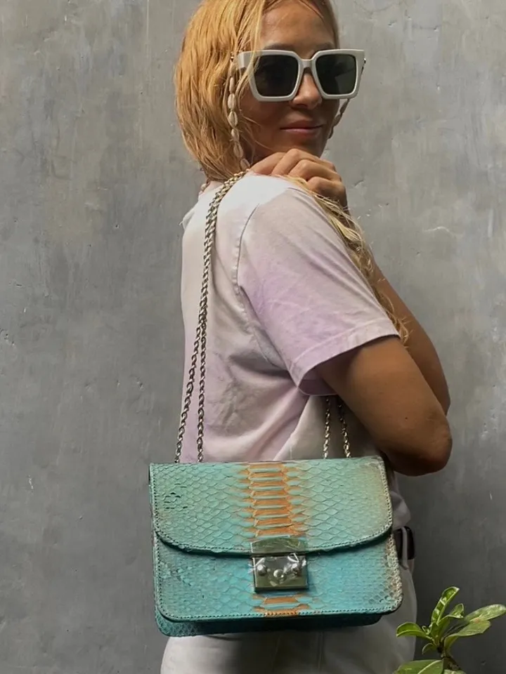 Genuine python skin crossbody blue classy bag| designer women leather handbag | snakeprint bag | crossbody purse | gift for her