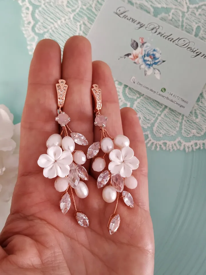 Diamond Rose Gold Wedding Earrings, Chandelier Statement Earrings, Floral Wedding Jewelry, Boho Wedding Earrings, Boho Bridal Earrings