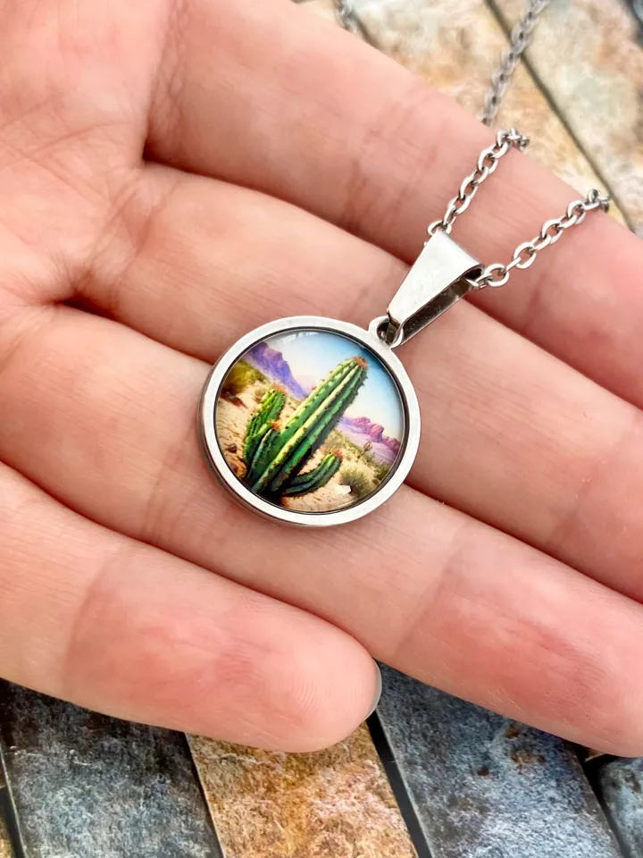 Cactus necklace, steel pendant with glass, Cactus lover gift