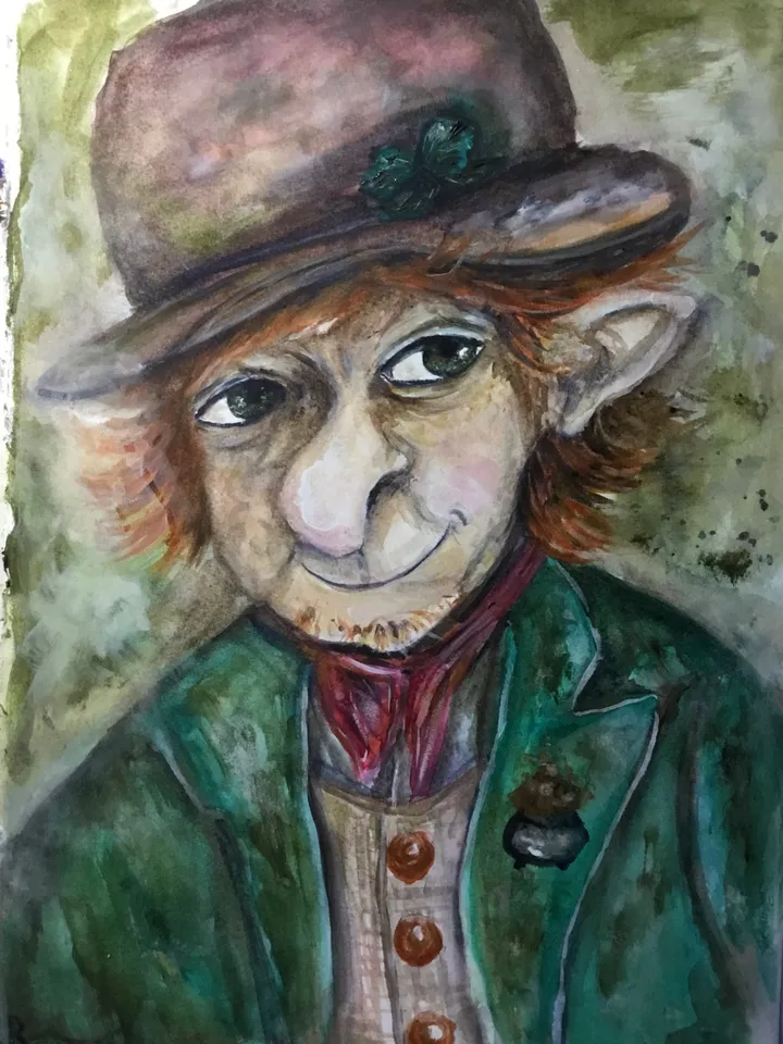 Funny Leprechaun with a pot of gold painting,good luck painting,original watercolour painting wall art,humorous painting,funny portraits.