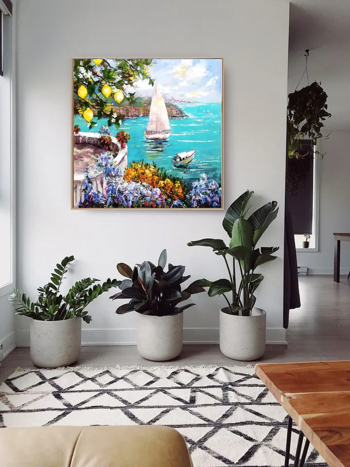 Italy Painting Amalfi Original Art Impaso Oil Painting Office painting Sea Painting Impasto Large Flowers Canvas Art 32x32 inches