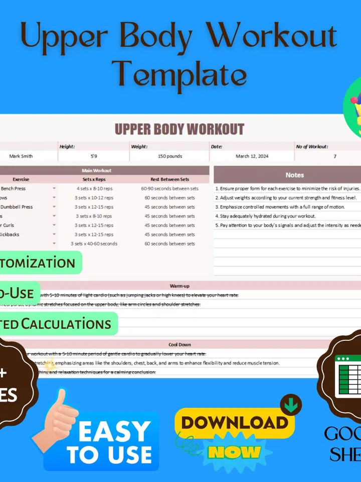 Upper Body Workout Template - Editable Google Sheets for Strength Training & Fitness Progress Tracking, Digital Download
