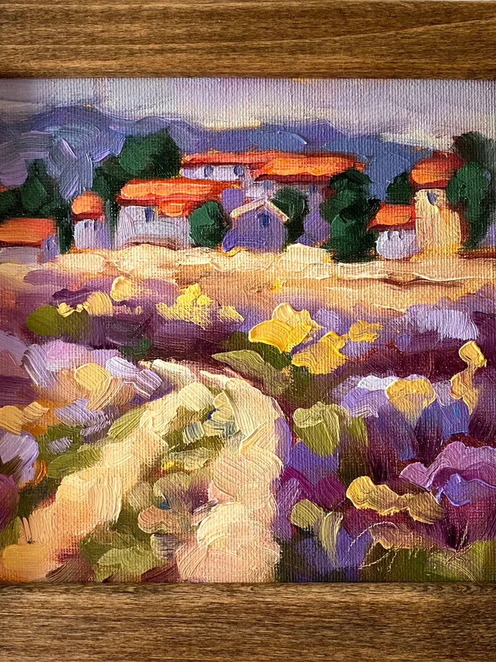 Lavender Fields Painting Tuscany Original Art Landscape Oil Painting Impasto Small Artwork 6x6 Tuscan Serenity Painting Wild Flowers