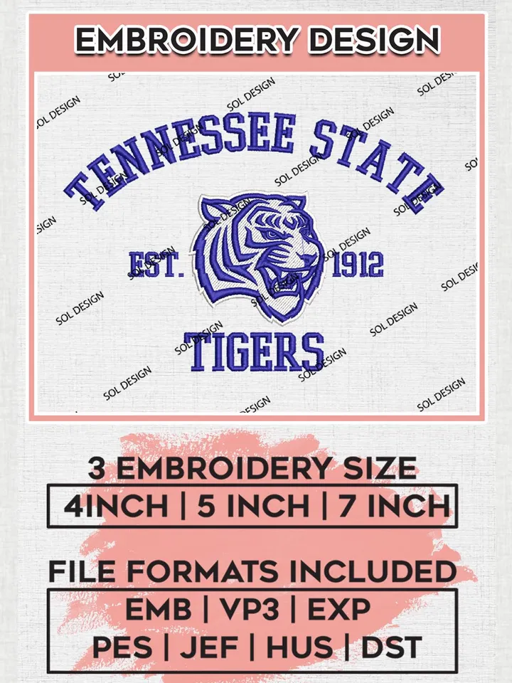 Tennessee State Tigers Est 1912 Embroidery Designs, NCAA Tennessee State Tigers Team Embroidery, NCAA Team Logo, 3 sizes, Machine embroidery Files, Digital Download