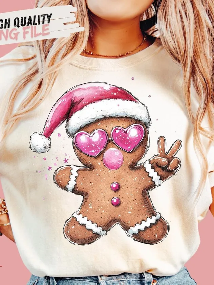 Retro Gingerbread Pink Christmas blowing bubble png Christmas Sublimation Digital Design Download,Vintage Christmas Png Santa Sunglasses