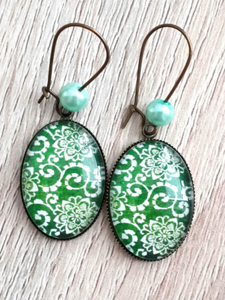 Green earrings, Green pattern glass cabochon bronze earrings Boho gypsy statement jewelry