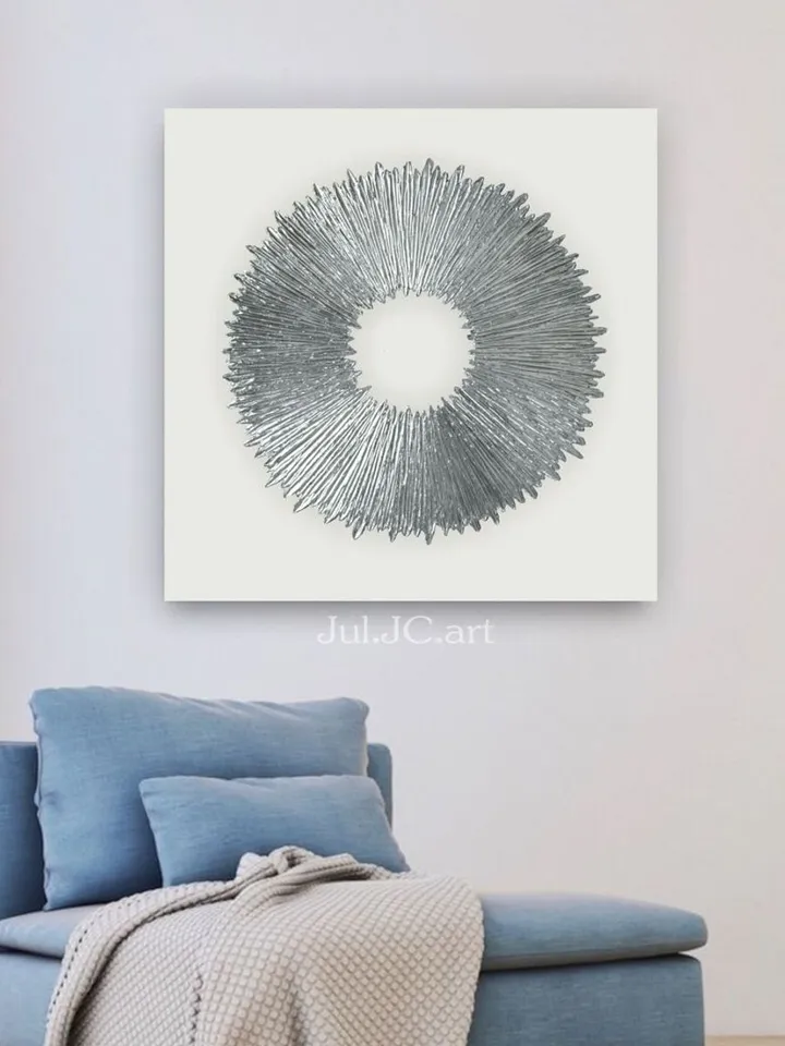 Silver and White Abstract Painting Silver Sun Original Art Textured artwork | Living room wall decor Above couch art
