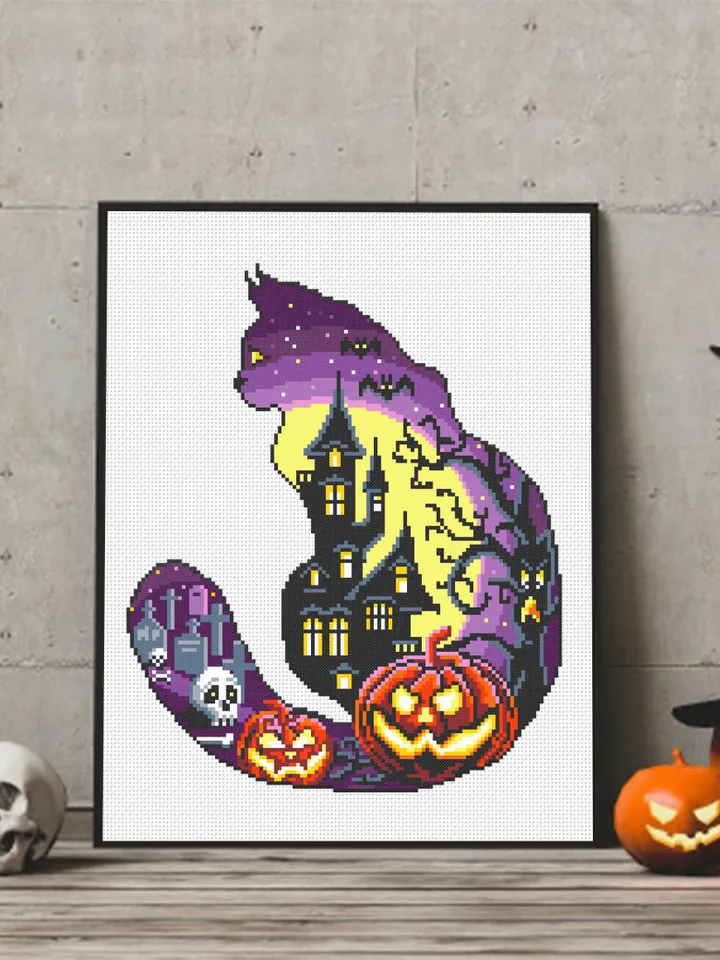 Halloween cat silhouette cross stitch pattern PDF download Haunted house cross stitch chart, Halloween pattern digital PDF, Cat lover #H17