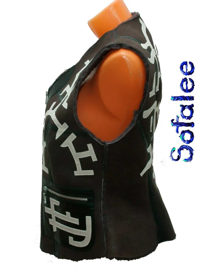 Vest Sleeveless and Bag of genuine fur sheepskin, decoration of real leather dark purple color. Handmade Fall waistcoat.