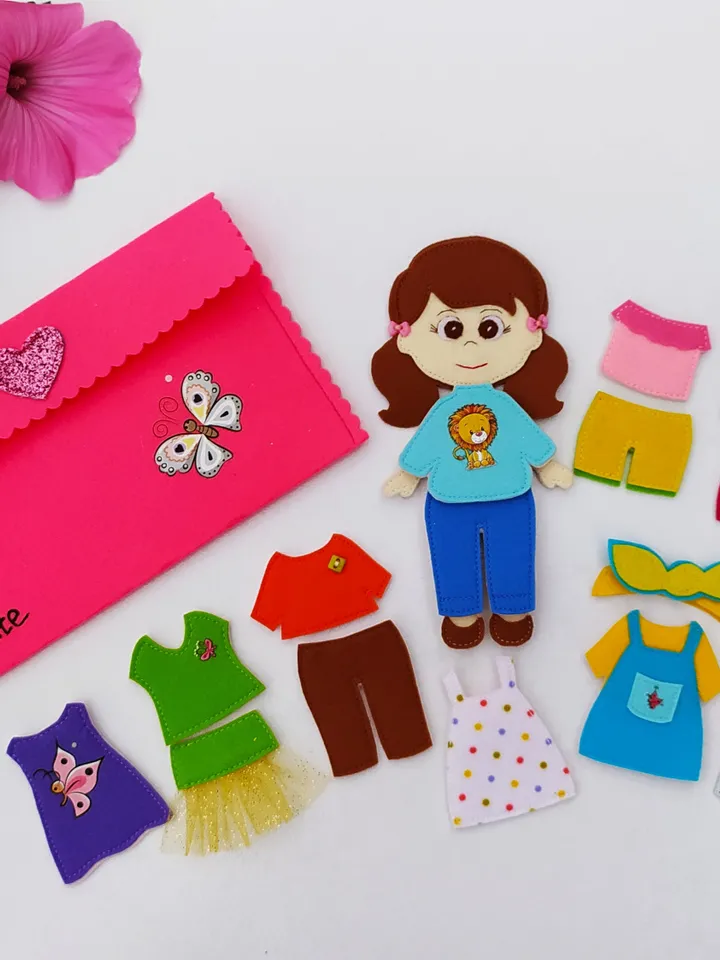 Felt doll pattern and 9 sets of clothes, Felt dress up doll pattern, Felt toy Pattern pdf for girl, Quiet book pattern, Non paper doll
