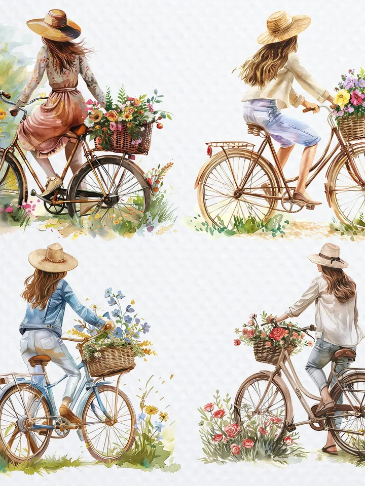 12 PNG Woman on Bicycle Clipart Bundle, Printable Watercolor Floral Bicycle images for sublimation, Digital Paper craft, junk journals