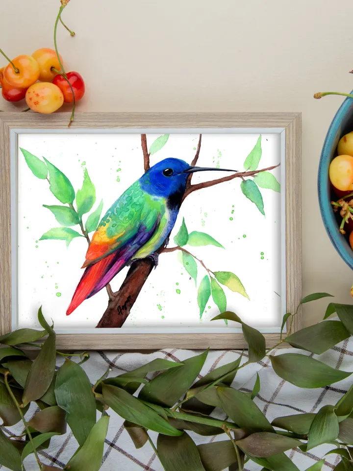 Colorful Hummingbird original watercolor, bird on the branch painting, colibri portrait wall decor, 8x11 in room art for bird lovers by Anne Gorywine