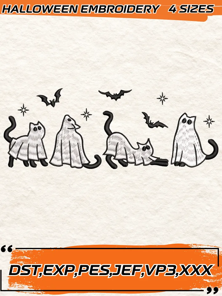 Four Halloween Ghost Cat Embroidery Design,Halloween Embroidery Design,4 Sizes, Digital Download